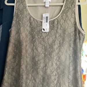 Chico’s Layered Lace Women’s Tank Camisole. NWT. Sz 2 Taupe/Olive w beige liner